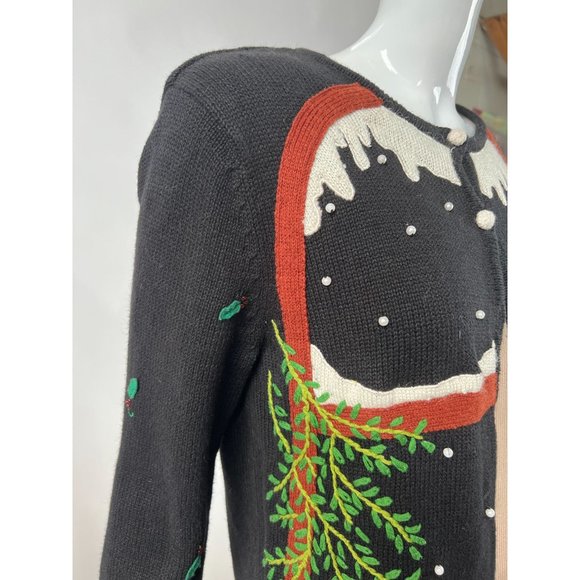 Hampshire Studio Christmas Holiday Cardigan Sm Blk Santa 55% Ramie, 45% Cotton - Picture 7 of 16